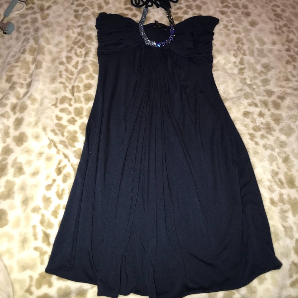 SKY Navy Blue mini dress with blue jewel neck tie